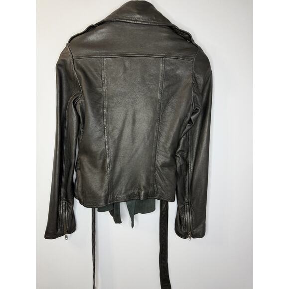 AllSaints Spitalfields Y2K Jacks Place Leather Moto Belted Black Jacket Sz 8 S - Picture 2 of 16